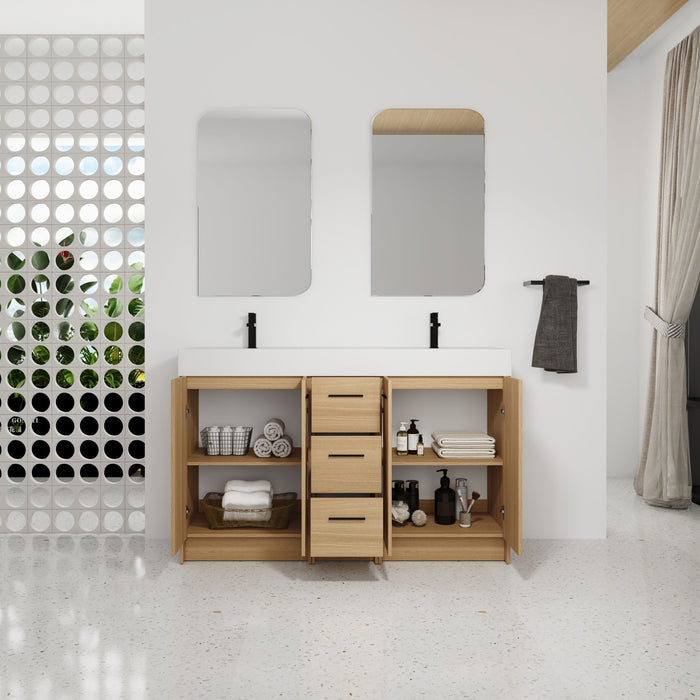 Double Sink Bathroom Vanity With 3 Drawers, Large Storage, Integrated Sink, Freestanding Cabinet, Soft Close Hardware - Glossy White / Light Oak