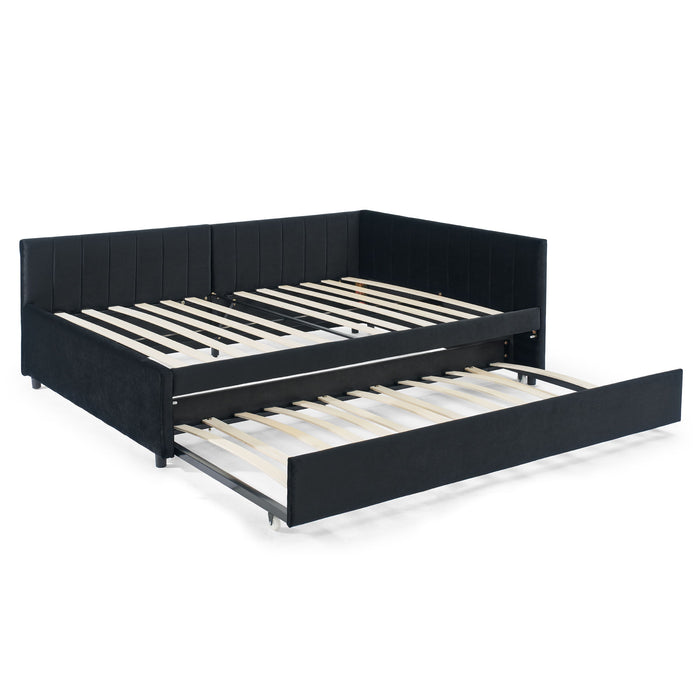 Full Size Upholstered Daybed With Trundle, Tufted Backrest And Armrests - Black
