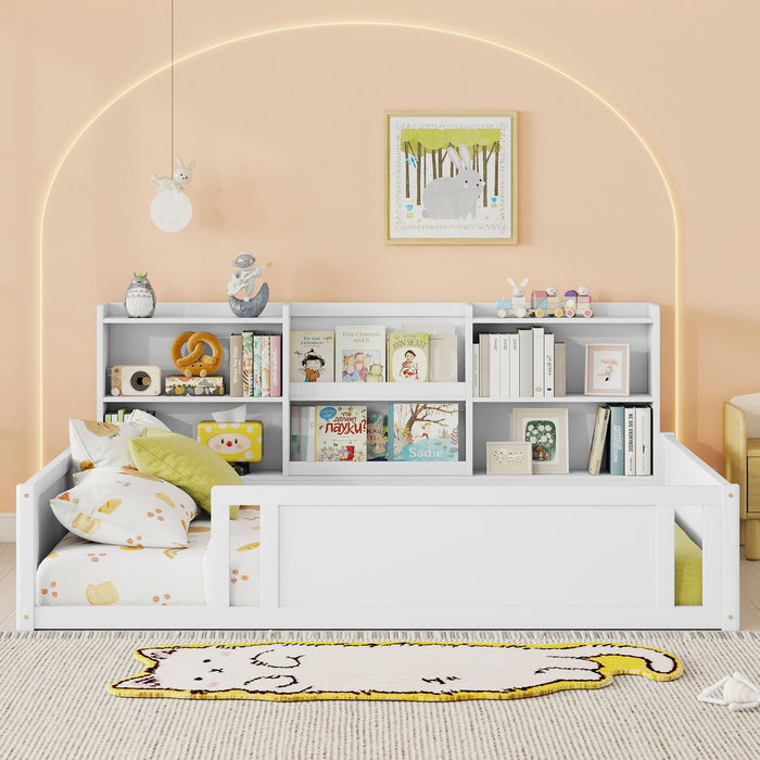 Platform Floor Bed With Guardrail Fence And Side Storage Shelves