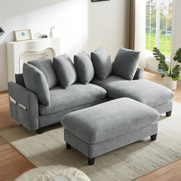 Upholstered L Shaped Sectional Sofa With Storage, Movable Ottoman, And 6 Throw Pillows