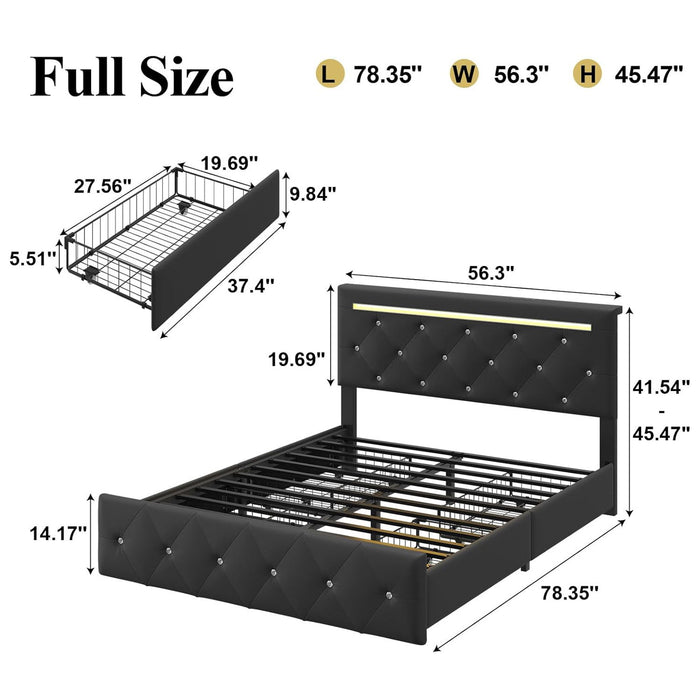 Upholstered Bed Frame With LED Lights, 4 Storage Drawers, Charging Station