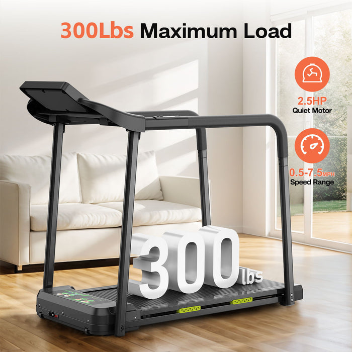 Walking Pad Treadmill With Foldable Design, Large LED Display, Stable Handrails - Black