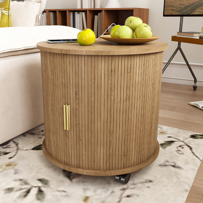 Cylinder Nightstand With Charging Station & Sliding Door