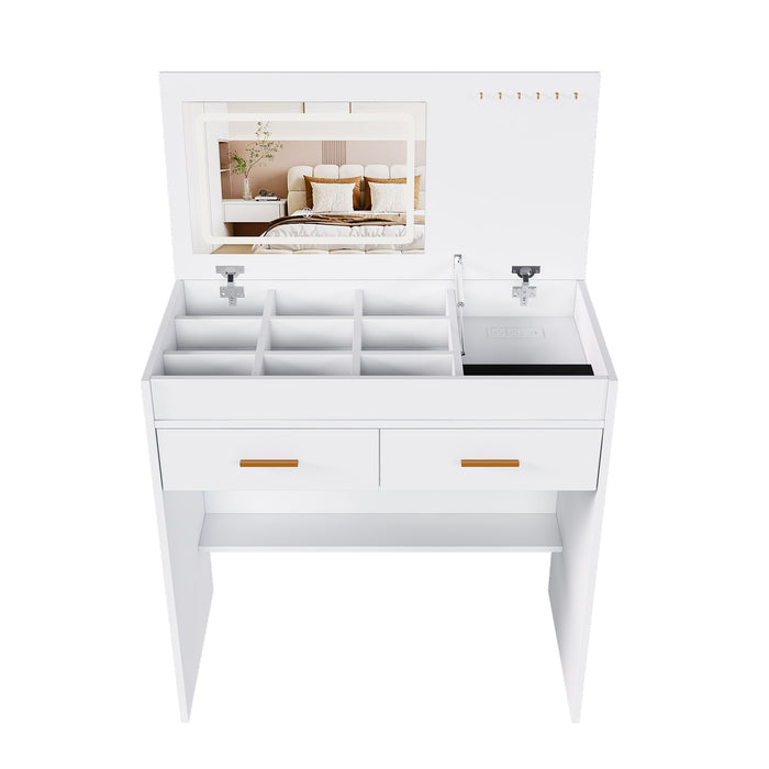 Flip Top Vanity Desk With LED Mirror & Outlet Makeup Table With 2 Drawers, Open Storage, And Jewelry Hooks - White