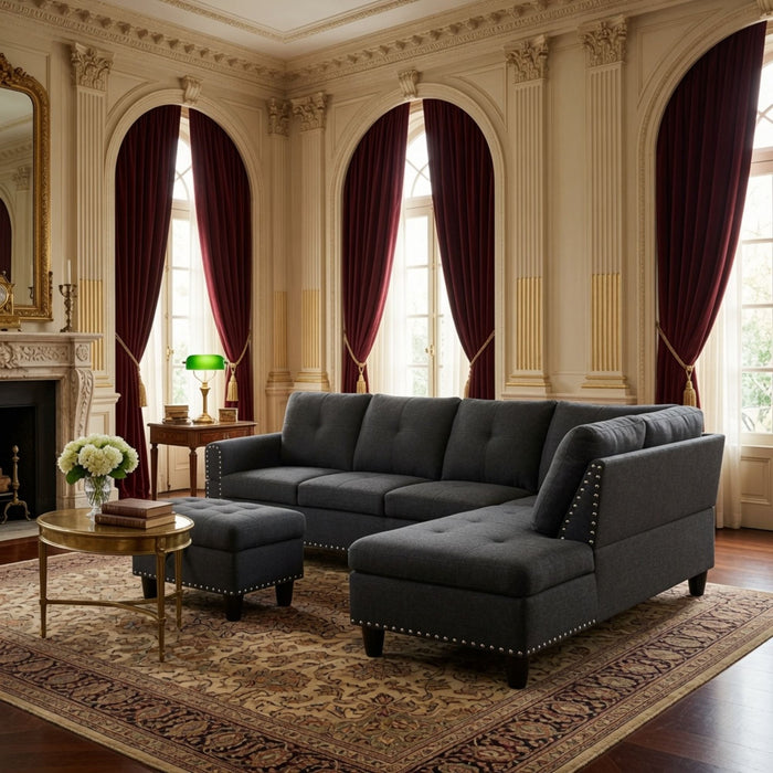 L - Shaped 3 Piece Sectional Sofa With Chaise, Storage Ottoman & Cup Holders
