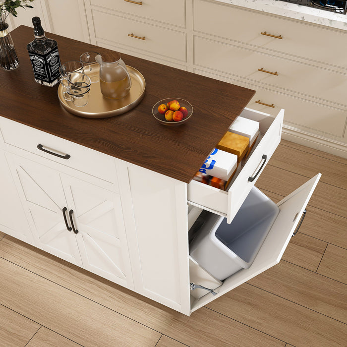 Rustic Movable Kitchen Island On Wheels With Storage & Power Outlet - White