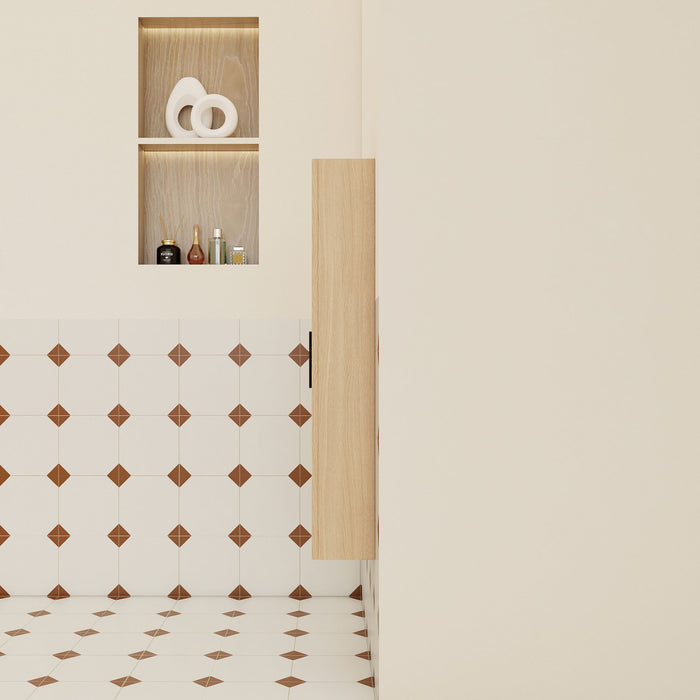 Tall Floating Bathroom Side Cabinet, Wall Mounted Single Door Storage - Light Oak