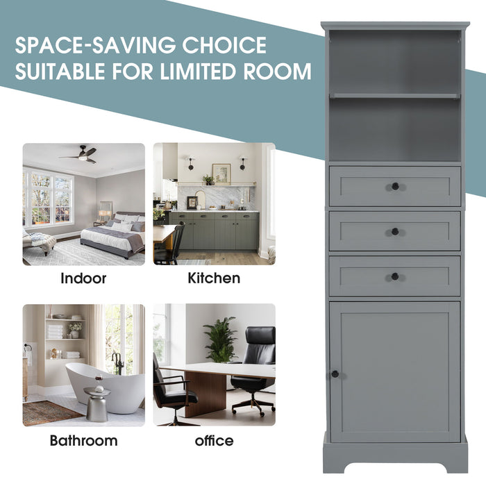 Tall Storage Cabinet With 3 Drawers And Adjustable Shelves For Bathroom