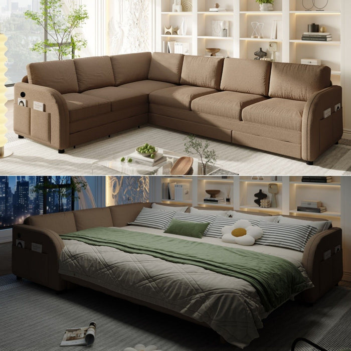 L-Shaped Couch With Pull-Out Bed, Convertible Sleeper Sofa With Side Pocket & USB Port