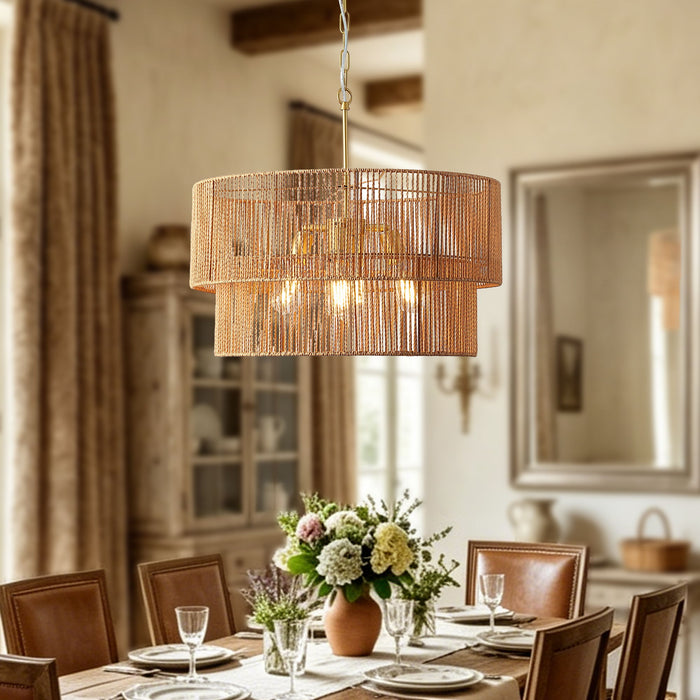Chandelier, 2 Tier Boho Wabi Sabi Pendant Light, Hanging Ceiling Lamp - Gold