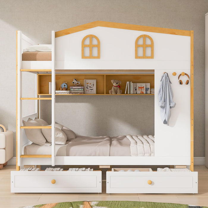 Twin Over Twin Bunk Bed With House Shaped Guardrails, Storage Shelves & Drawers - White / Natural