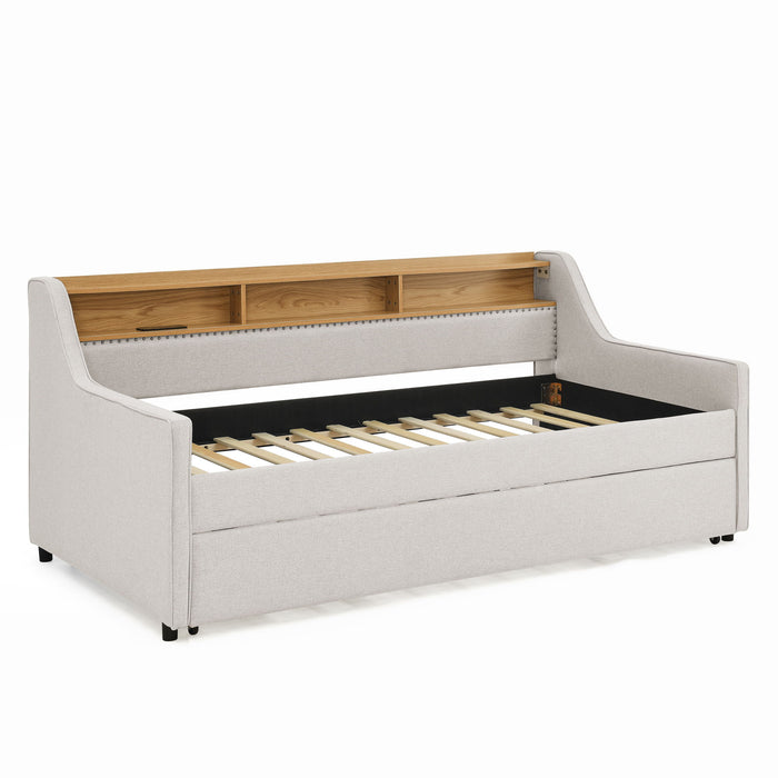 Upholstered Sofa Bed With LED Lights, Storage Headboard, Foldable Trundle & Wireless Charging
