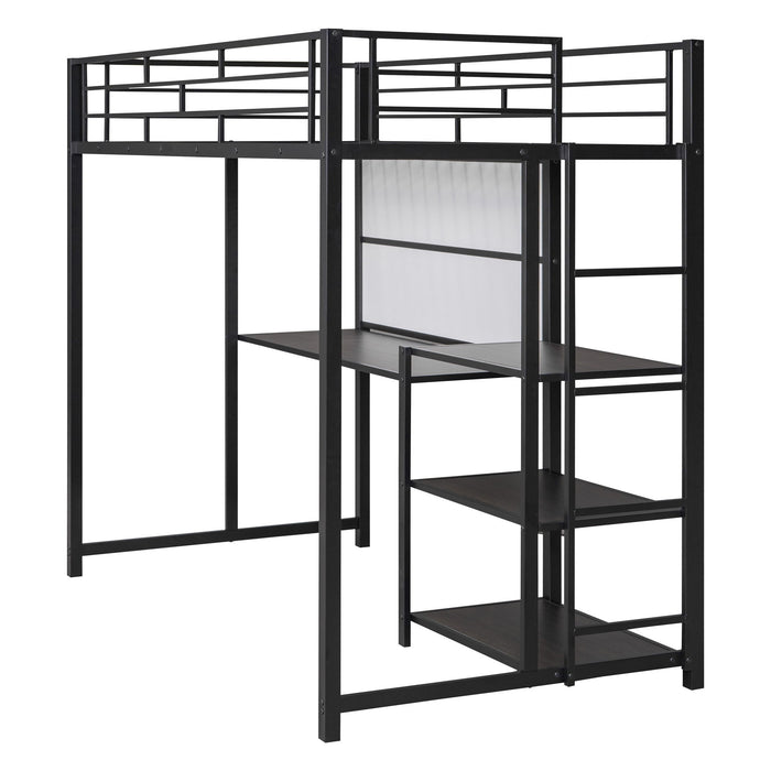 Metal Loft Bed With Desk, 3 Shelves And Ladder