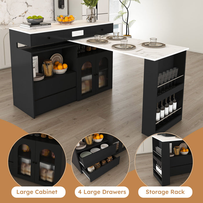 Retro Kitchen Island Set With Chairs, Extendable & Rotating Table, 4 Drawers & Door Cabinets