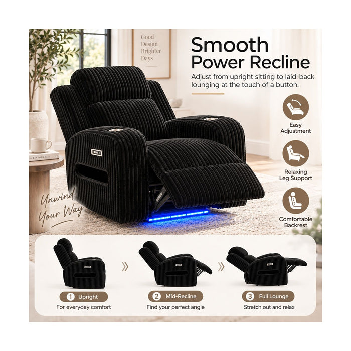 Power Recliner With Cup Holders And Ambient LED Lighting - Black