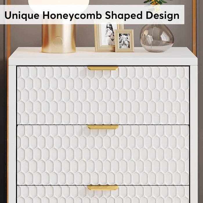 3 Drawer Nightstand With Hexagon Pattern, Storage Table For Living - White