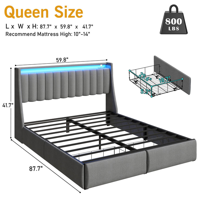 Upholstered Platform Bed Frame With RGB LED Lights, Charging Station & 2 Underbed Drawers