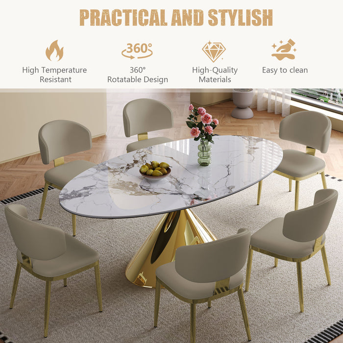 Modern Luxury Marble Dining Table Set Oval Kitchen Table With Stainless Steel Base - Gold / White Print