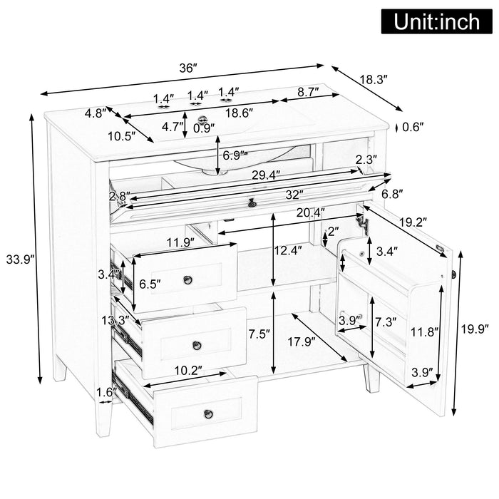 Bathroom Vanity With Sink, 3 Drawers & Cabinet With Adjustable Shelves