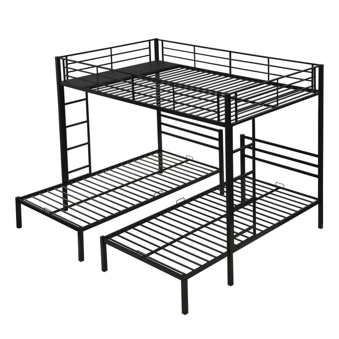 Modern Metal Triple Bunk Bed With Vertical Ladder, Safety Rail, And Storage Shelf - Black