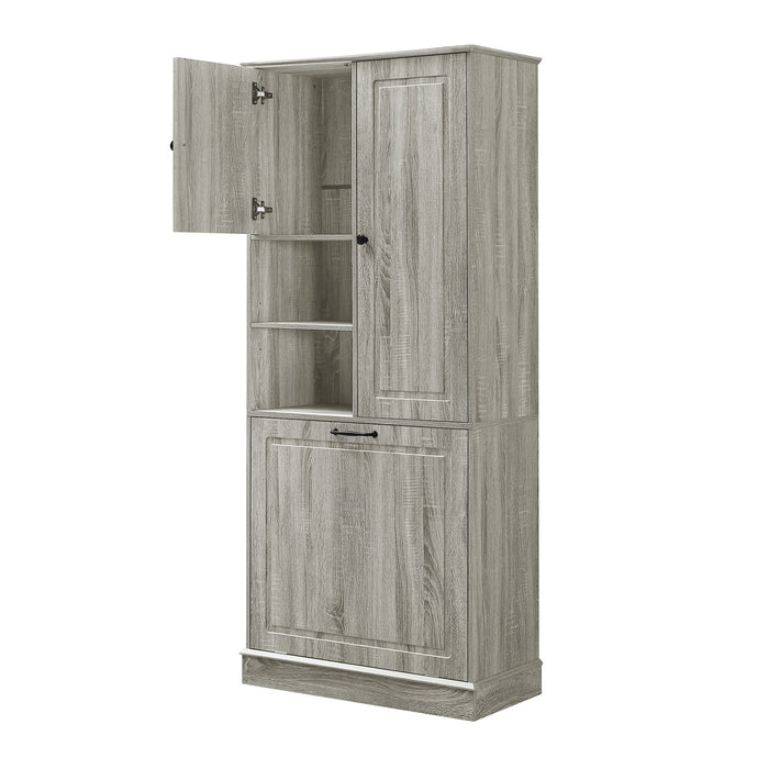 Modern Tall Storage Cabinet With Adjustable Shelves, Flip-Out Basket & Enclosed Doors