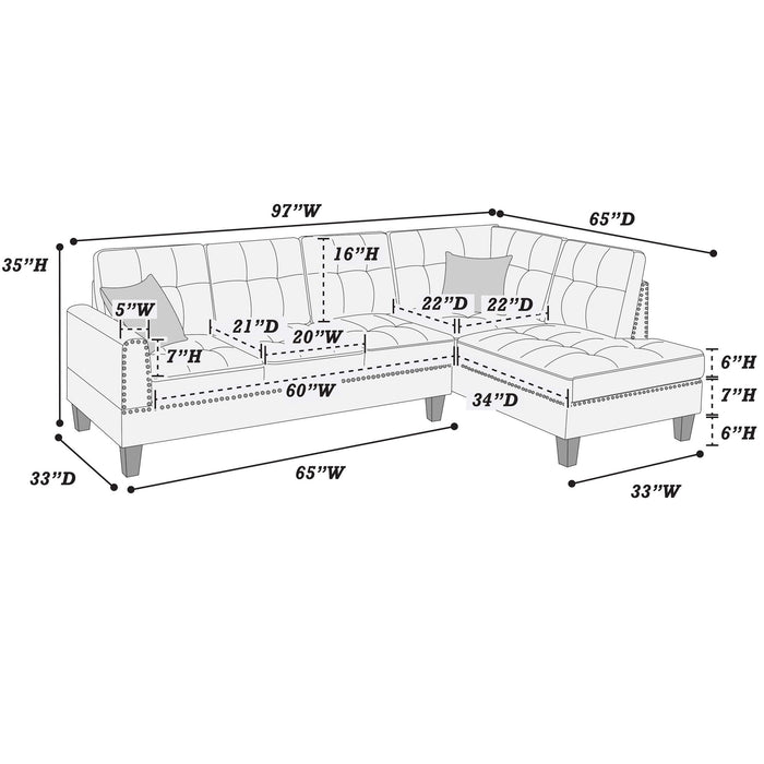 2 Piece Sectional Set With Nailhead Trim, Sofa And Matching Accent Pillows - Charcoal