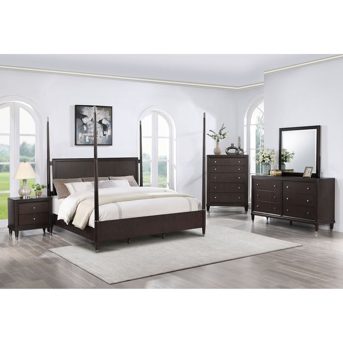 Niguel - Queen Size 4 Poster Bed With Finials, Floating Headboard - Brown