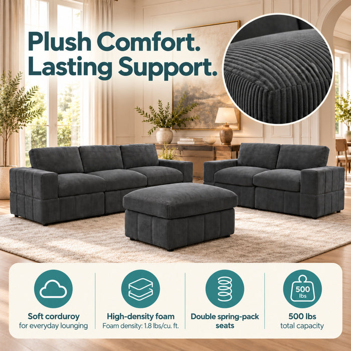 Oversized Modular Sectional Sofa Set With Loveseat & Ottoman, 6 Piece Living Room Furniture - Dark Gray