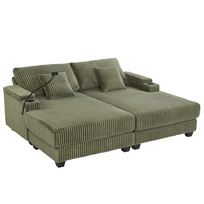 Modern Chaise Sofa With Adjustable Backrest, Cup Holders, Phone Holder & Storage Compartments For Living Room