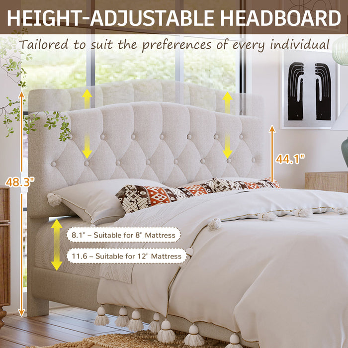 King Upholstered Platform Bed With Curved Adjustable Headboard And Diamond Tufted Details, No Box Spring Needed - Beige