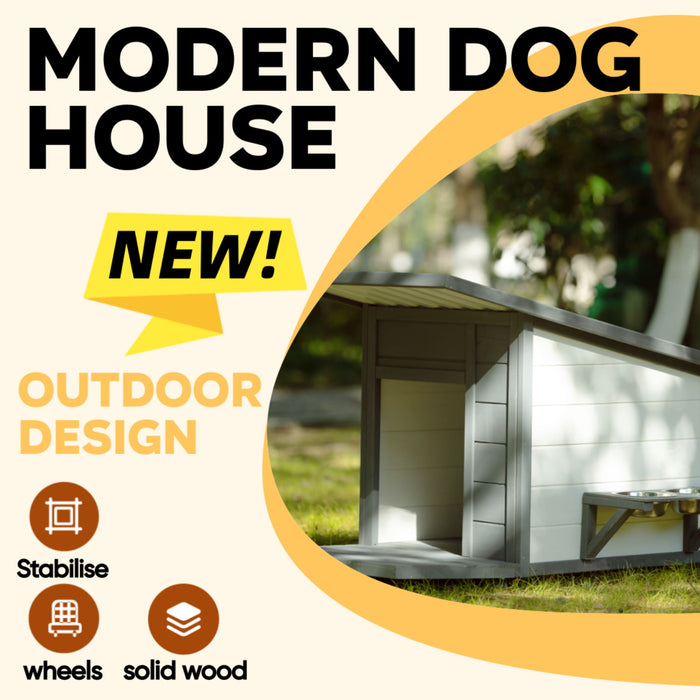 Modern Design Outdoor Dog House With Food Bowl And Wheels Pine - Gray / White