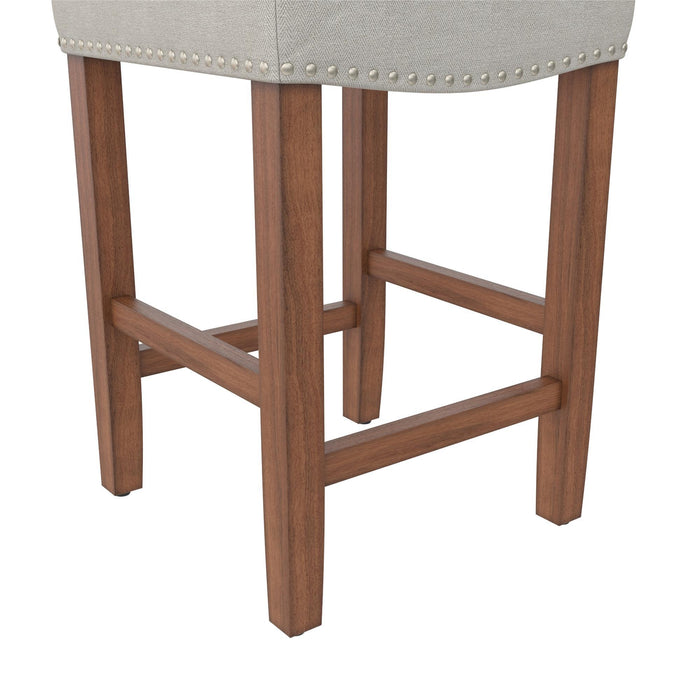 Upholstered Counter Height Bar Stool With Brass Nailhead Trim - Beige / Brown