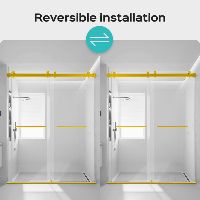 Frameless Double Sliding Shower Door In, Thick Tempered Glass, Reversible Installation