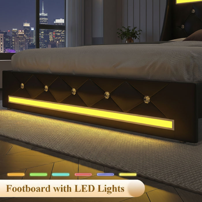 Wingback Upholstered Bed Frame With LED Lights, Charging Station