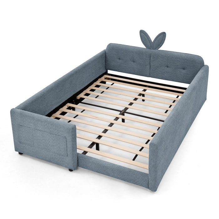 Cute Rabbit Ear Upholstered Platform Bed Frame With Safety Rail