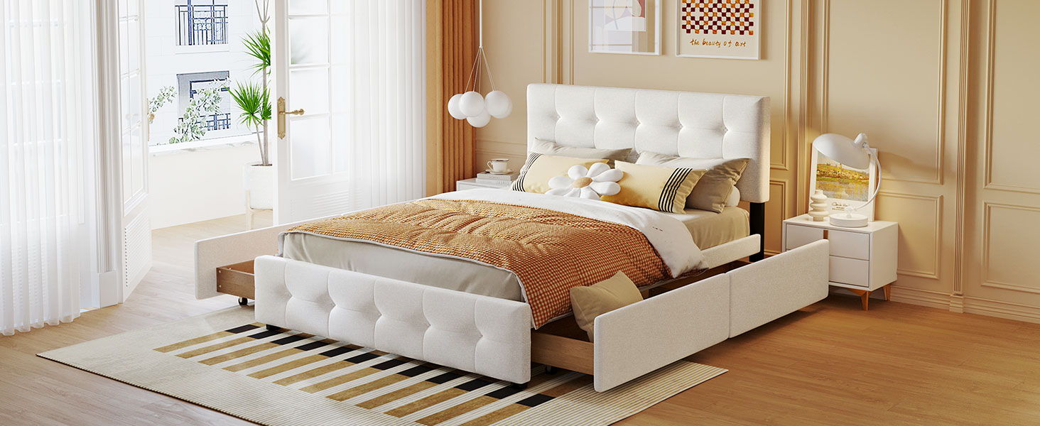 Upholstered Platform Bed With Classic Headboard And Drawers, No Box Spring Needed