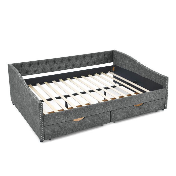 Upholstered Tufted Daybed With 2 Drawers, Waved Arms