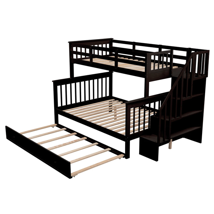 Bunk Bed With Twin Size Trundle, Storage And Guard Rail For Bedroom