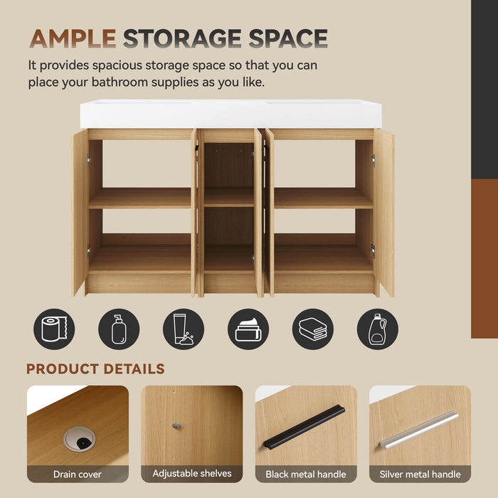 Double Sink Bathroom Vanity With Extra Large Storage, Integrated Sink, Freestanding Cabinet, Soft Close Doors - Glossy White / Light Oak