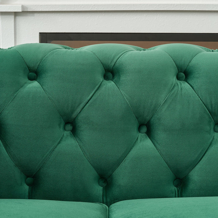 Chesterfield Velvet Fabric Sofa With Roll Armrest And Nailhead, Mid Century 2 Seater Couch