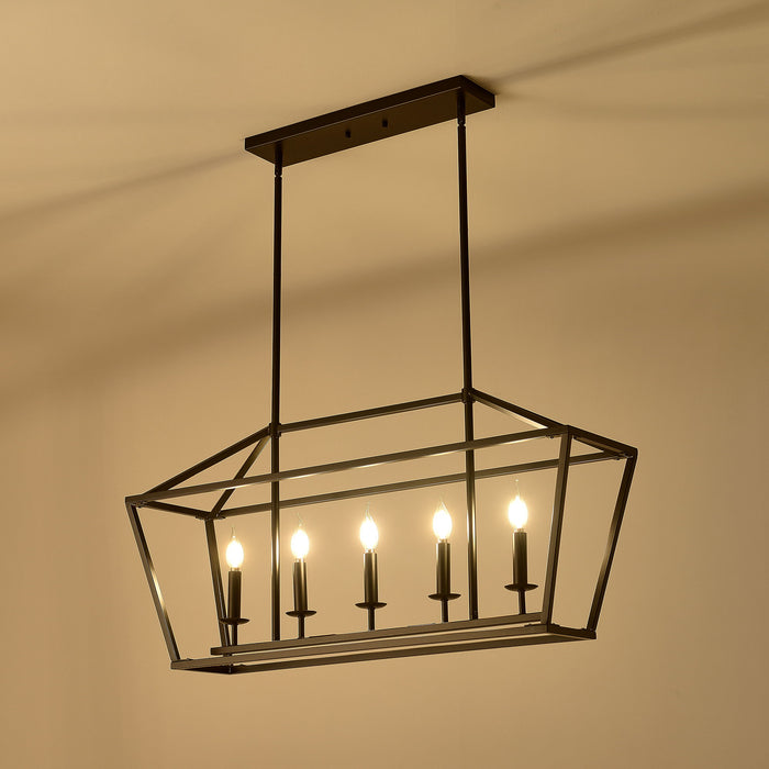 5 Light Farmhouse Kitchen Island Lighting, 5 Light Industrial Linear Chandelier For Dining Room Metal Hanging Pendant Light Fixture For Bedroom Living Room Hallway Conference Room - Matte Black