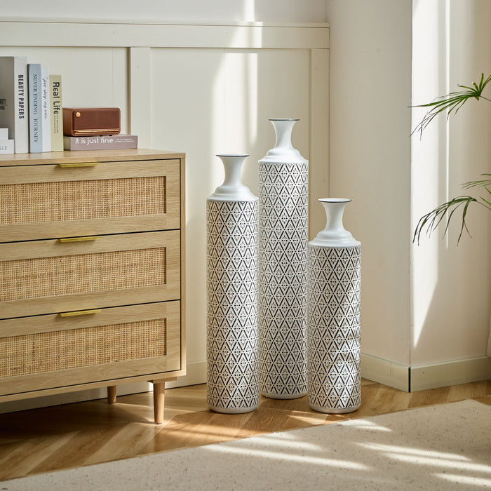 Modern Floor Vase Set Metal Vases With Geometric Pattern, 3 Piece Home Decor Set - White / Black