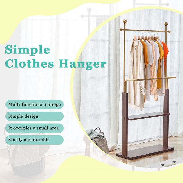 Hanger Double Layer Coat Rack With Solid Wood Partition - Gold / Walnut