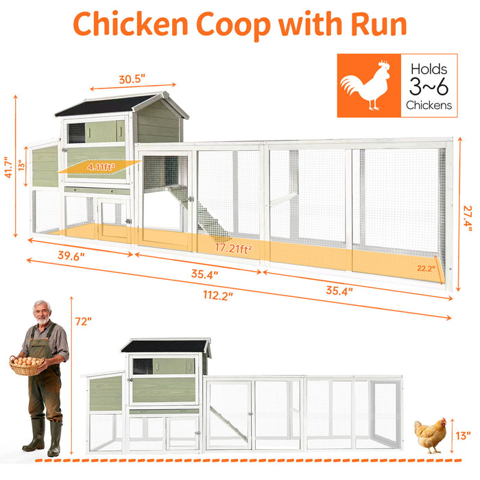 Chicken Coop, Large Outdoor Hen House With Run And Nesting Box Poultry Cage, Rabbit Hutch - Gray Green