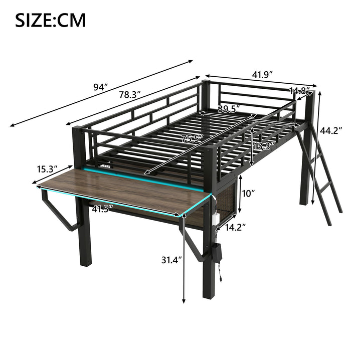 Gaming - Twin Loft Bed With Desk And LED - Black