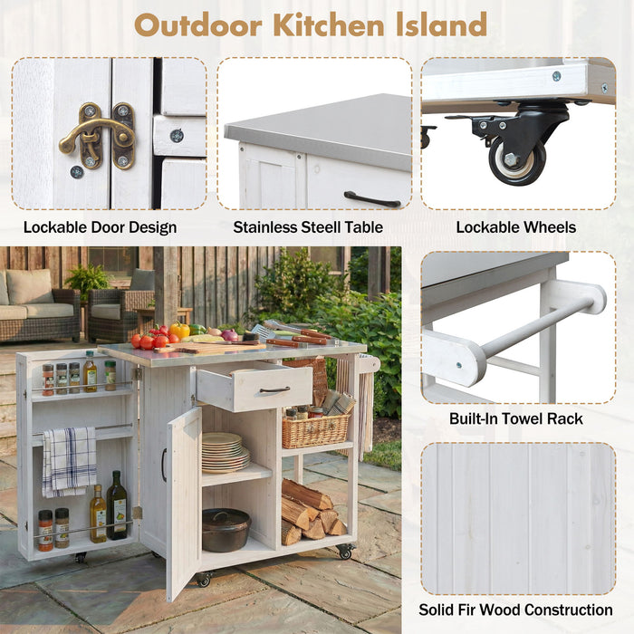Outdoor Kitchen Island Prep Station With Lockable Wheels, Ample Storage, Towel & Spice Racks