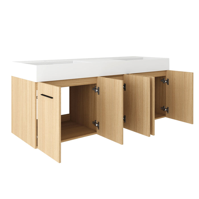 Floating Double Sink Bathroom Vanity With Extra Large Storage, Integrated Sink, Soft Close Doors, Wall Mounted Bath Vanity - Glossy White / Light Oak