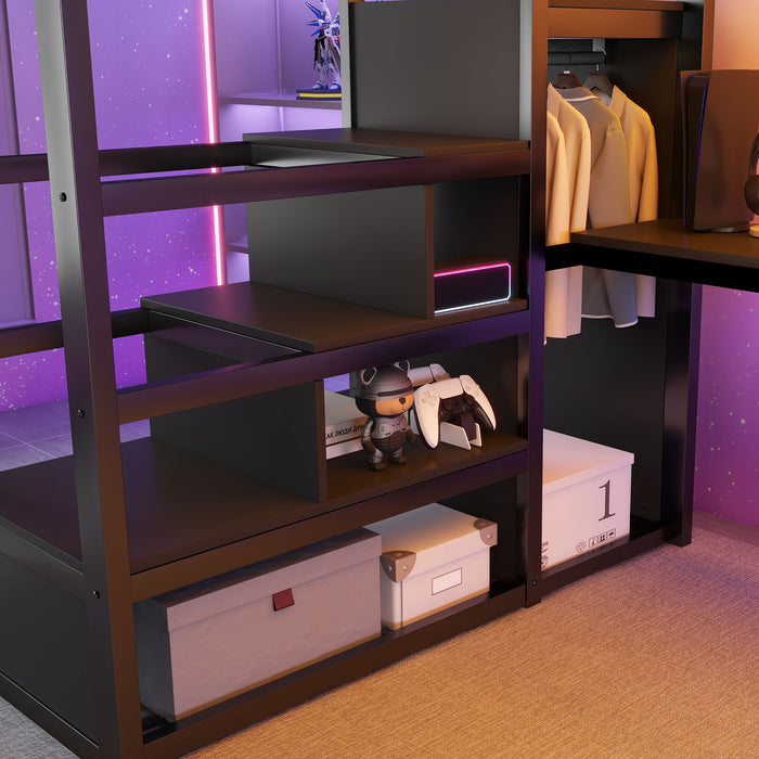 Loft Bed With Desk And Charging Station With Stairs And Light