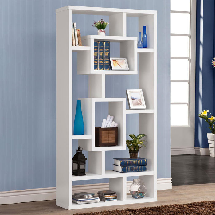Geometric 10 Shelf Open Back Bookcase With Interlocking Shelves - White