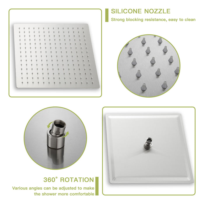 Square Shower System With Waterfall Tub Spout And Rough In Valve, Wall Mounted